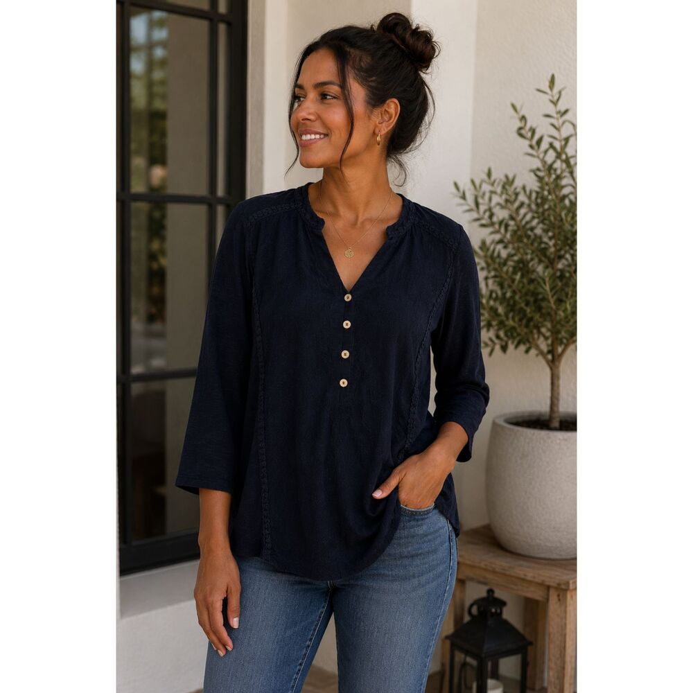Democracy Navy Blue Embroidered Blouse XL Boho Peasant Top